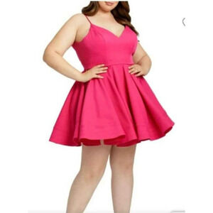 NWT Mac Duggal 16W Hot Pink Fit &‎ Flare Mini Dress V-Neck Open Back Part